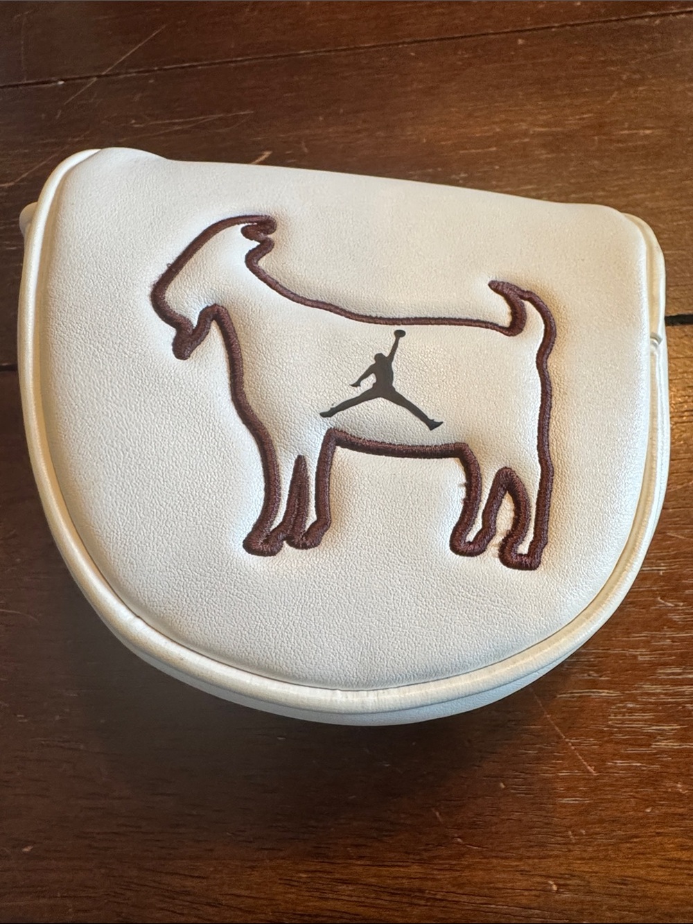 Jordan White Putter Headcover with Brown Goat Stitching and Black Jumpman